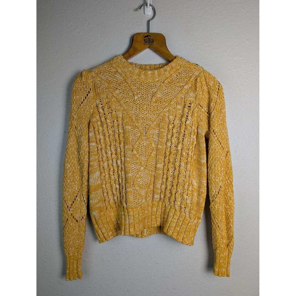 Fashivity Sweater Womens XS Yellow Pullover Cable-Knit Crew‎ Neck Long Sleeve